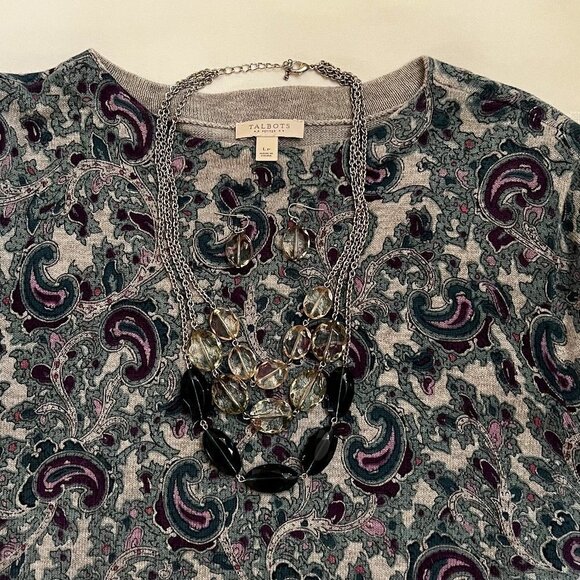 Talbots Sweater Long Sleeve Paisley Brushed Cotton Knit Sweater Petite Large EUC - Picture 3 of 11